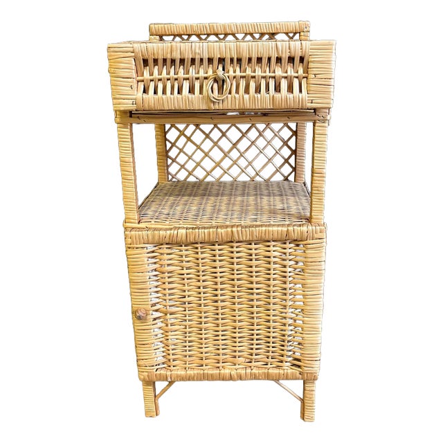 Wicker Bedside Table with Drawer, Shelf and Cupboard For Sale