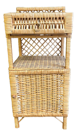 Wicker Bedside Table with Drawer, Shelf and Cupboard