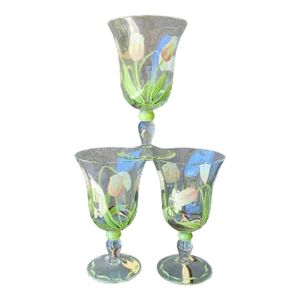 Circa 2000 Cottage Tulip Hand Painted Crystal Water Goblets, Princess House-Romania - Set of 3
