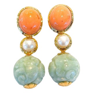 Bochic "Orient" Vintage Coral, Pearl & Mint Jade Set In 18K Gold & Silver, A Pair For Sale