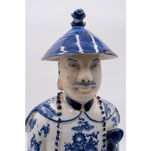 Ceramic Pair of Vintage Chinese Blue & White Porcelain Chinese Emperor Figures For Sale - Image 7 of 18
