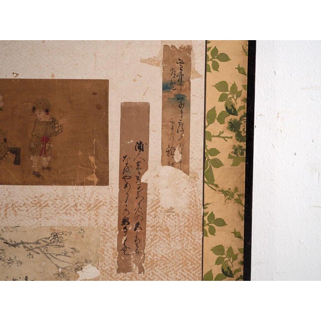 Antique Japanese Two-Panel Screen with Painting Collage, 1900 For Sale - Image 5 of 13
