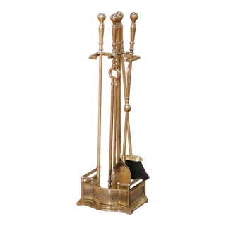 French Louis XVI Style Brass Serviteur With Five Fireplace Tools and Stand For Sale
