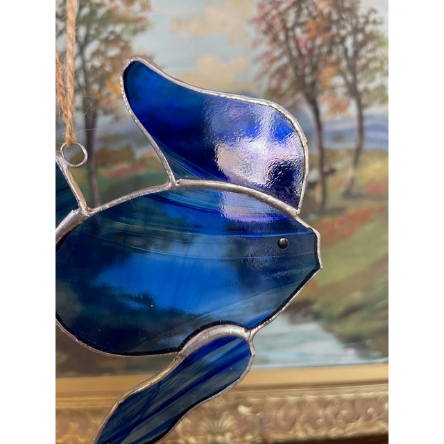 Vintage Stained Glass Fish Suncatcher in Deep Cobalt Blue. For Sale In Seattle - Image 6 of 10
