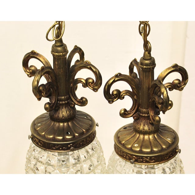 Bronze 1960s Double Swag Lamps With Large Pineapple Glass Shades For Sale - Image 8 of 10