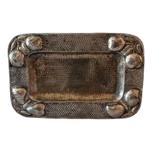 Large Vintage Hammered Cast Metal Tray With Fruit Accents