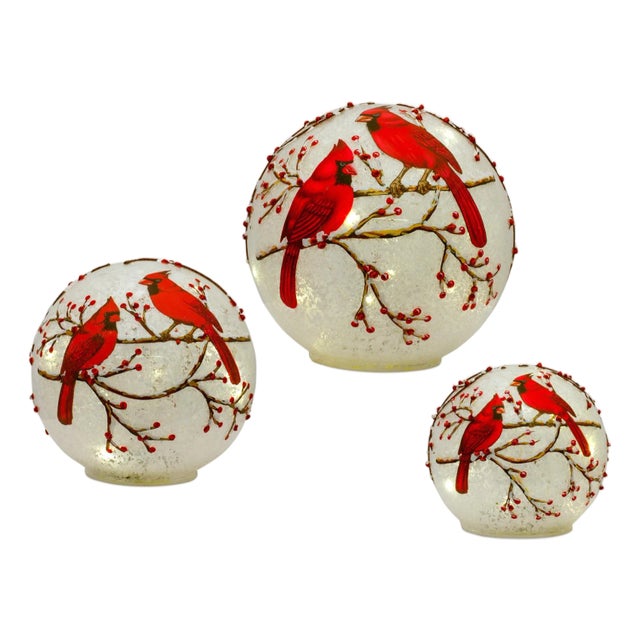 LED Frosted Cardinal Orb with Berry Branch Design (Set of 3) For Sale