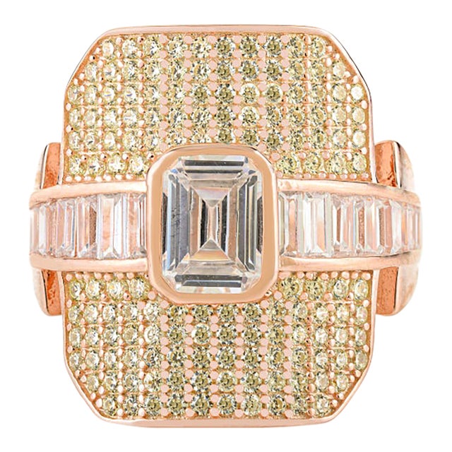Rose Gold Plated Art Deco Ring With Emerald Cut & Baguette Cubic Zirconia - Size 7 For Sale