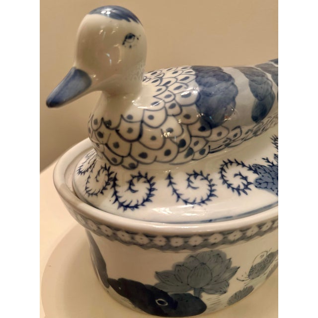 Ceramic Vintage Blue and White Porcelain Duck Tureen For Sale - Image 7 of 11