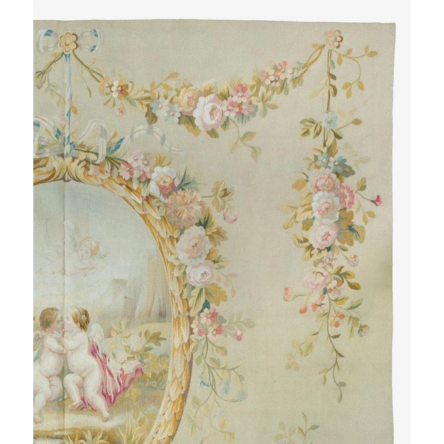 Antique 19th Century Square Floral French Aubusson Cupid Tapestry For Sale - Image 4 of 6