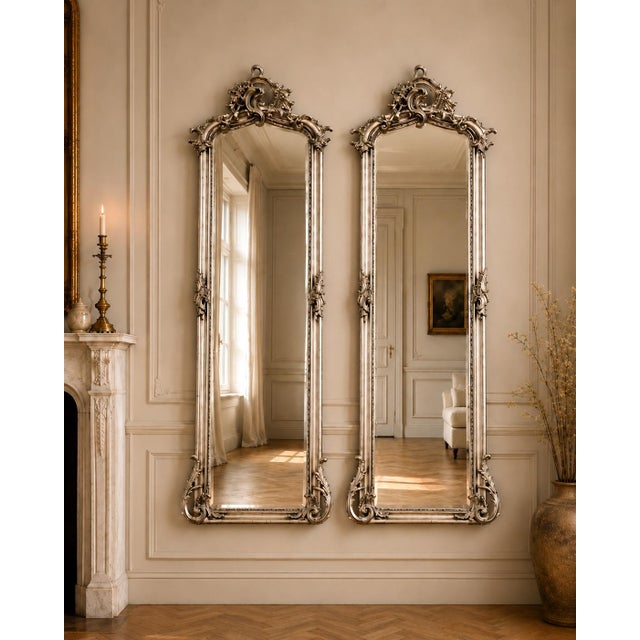 Late 20c Rococo Silver Wood Floor Mirrors by Artisans - Pair- 2 Pc For Sale - Image 9 of 18