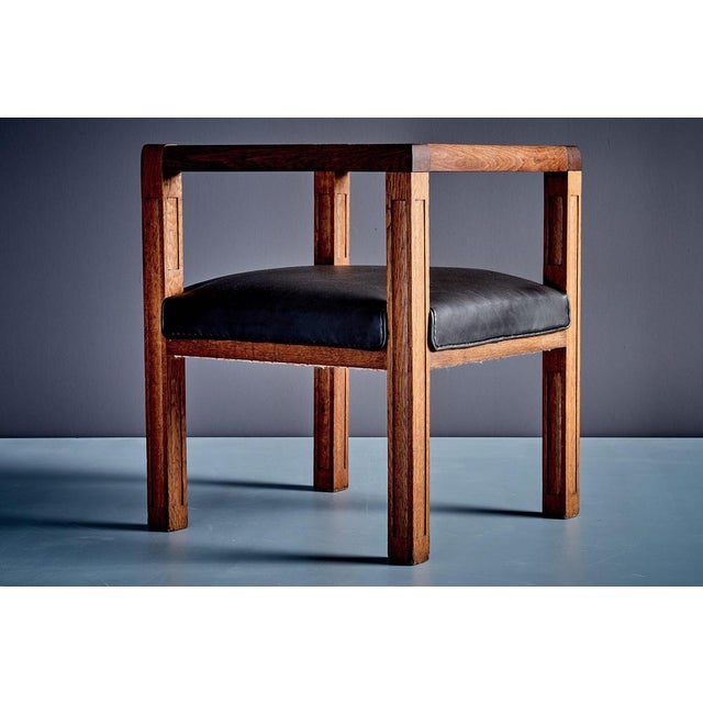 Art Deco Armchair in Oak with Upholstered Black Leather, France, 1920s For Sale - Image 6 of 15