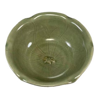 Antique Chinese Longquan Celadon Floral Rim Bowl For Sale