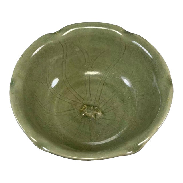 Antique Chinese Longquan Celadon Floral Rim Bowl For Sale