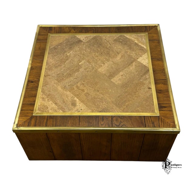Wood Vintage Mid Century Modern Style Faux Marble & Brass Coffee Table For Sale - Image 7 of 12