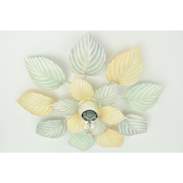 Mid-Century Modern Vintage Pastel Flush Mount or Wall Sconce Leafs Green Peach Light Blue | Mid Century Hollywood Regency Ceiling Lamp Toleware Retro 1980s For Sale - Image 3 of 10