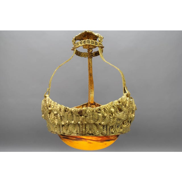 Art Deco French Brass Chandelier with Yellow Pâte De Verre Glass by Degué, 1930s For Sale - Image 11 of 18