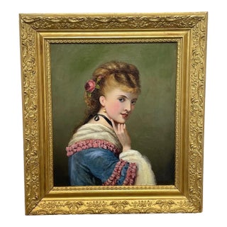Antique Victorian Oil Portrait Young Lady Dated 1870, English School, Gilt Frame in the Manner Of For Sale