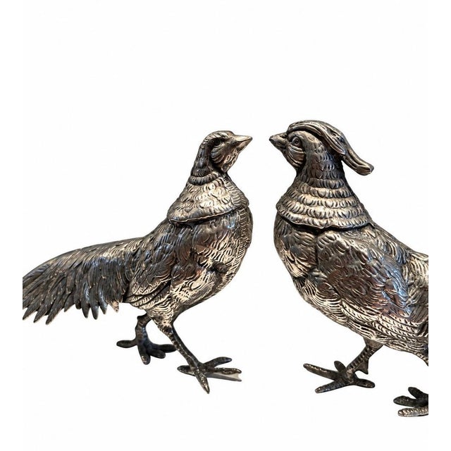 1960s Pair of Vintage Large Chinese Brass Silver-Plated Pheasant Sculpture Figurines For Sale - Image 5 of 9