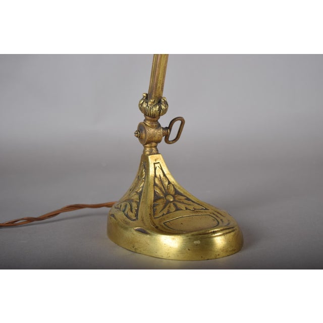 Art Nouveau Brass Desk Lamp with Adjustable Gooseneck, Fluted Glass Shade and Floral Relief Base, Europe, 1920s For Sale - Image 3 of 10