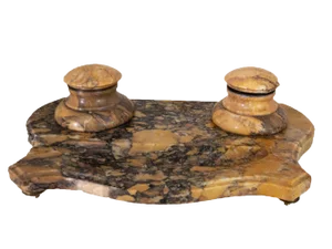 Victorian Inkwell Sienna Yellow Marble Inkstand Desk Set Antique - Set of 3