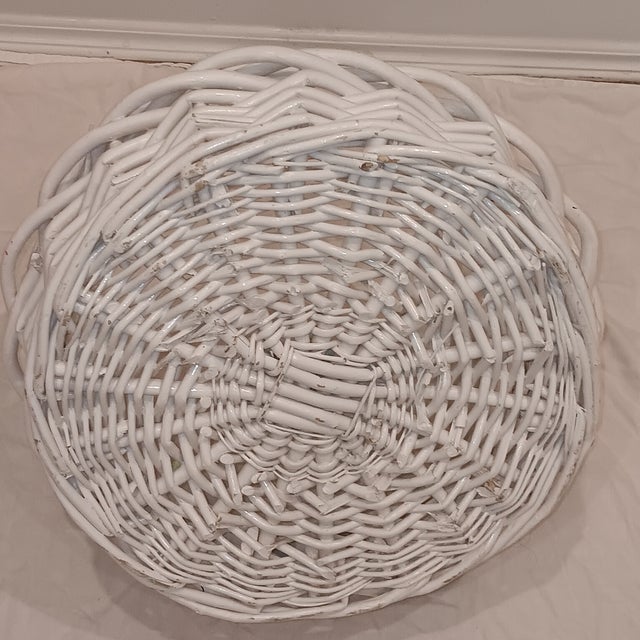 French Vintage Large French Style Hand Woven Painted White Natural Wicker Basket For Sale - Image 3 of 8