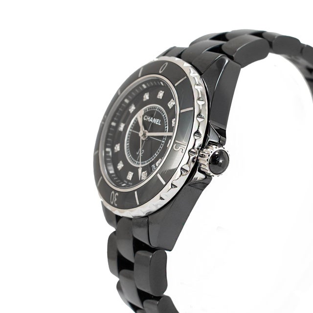 Chanel Ladies Chanel J12 Black Ceramic 33mm H1625 Icon 12 Diamond Steel Quartz Watch For Sale - Image 4 of 8