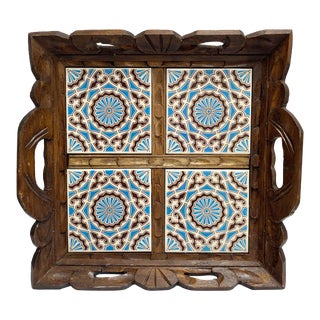 Vintage Hand Carved Wood Talavera Tiles Mexico Charcuterie Tray For Sale