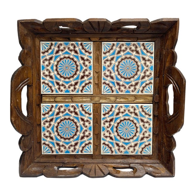 Vintage Hand Carved Wood Talavera Tiles Mexico Charcuterie Tray For Sale