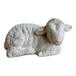 Vintage Cast Stone Recumbent Lamb – 12" Garden Statue or Interior Doorstop For Sale