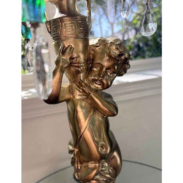 Glass Vintage Hollywood Regency Cherub Lamp With Crystal Prisms, 41” For Sale - Image 7 of 10