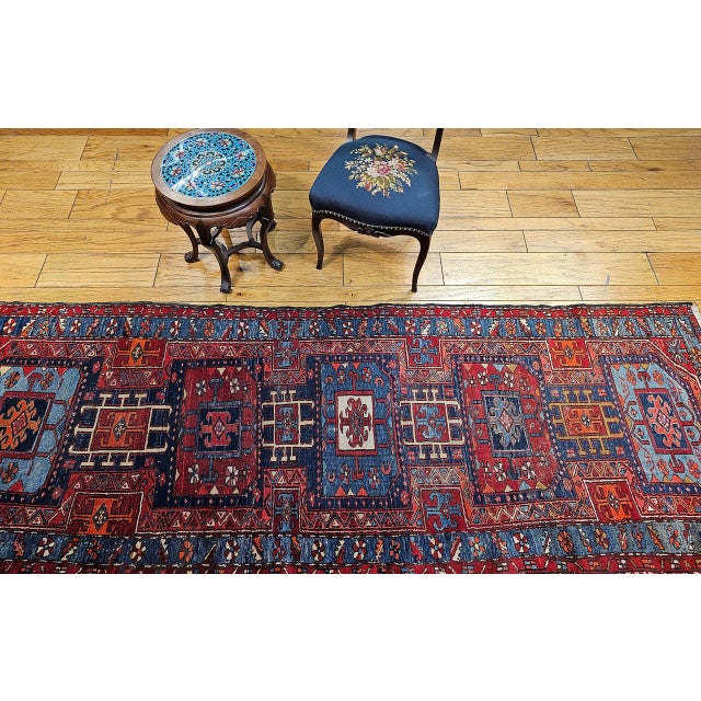 Antique Northwest Persian Runner Rug, Hand-Knotted Wool, Geometric Medallions Pattern, 3x10, Blue & Red For Sale - Image 4 of 15