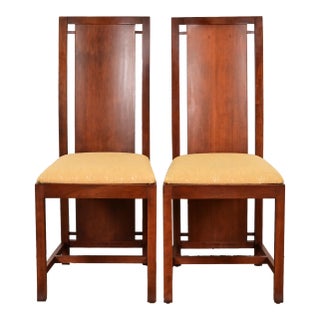 Frank Lloyd Wright Sculpted Mahogany High Back Side Chairs or Dining Chairs, Pair For Sale
