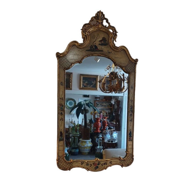 Vintage Midcentury giltwood Chinoiserie mirror with handpainted asian scene.