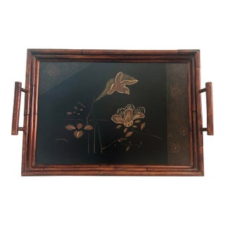 Vintage "Art De Chine" Faux Bamboo and Black Lacquer Tray Attributed to Palecek For Sale