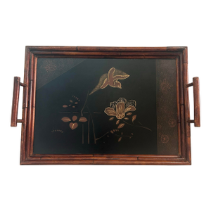 Vintage "Art De Chine" Faux Bamboo and Black Lacquer Tray Attributed to Palecek