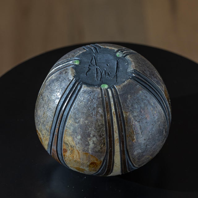 Ceramic Vintage 80s Signed Nancy April Studio Pottery Carved Raku Vase For Sale - Image 7 of 9