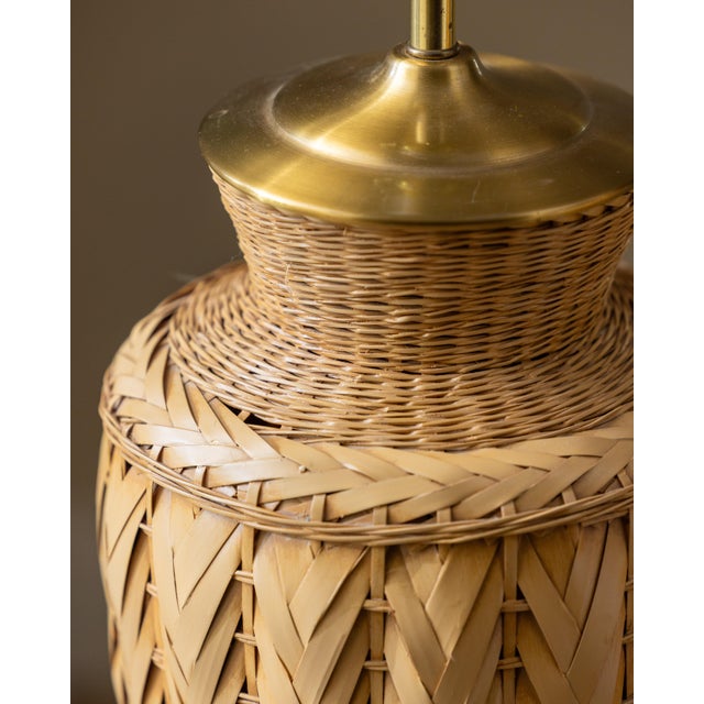Wood Large 1970s Bohemian Modern Woven Wicker Urn Lamps - A Pair For Sale - Image 7 of 11