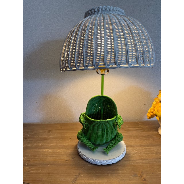 Wood Vintage Wicker Rattan Frog White and Green Table Lamp For Sale - Image 7 of 10