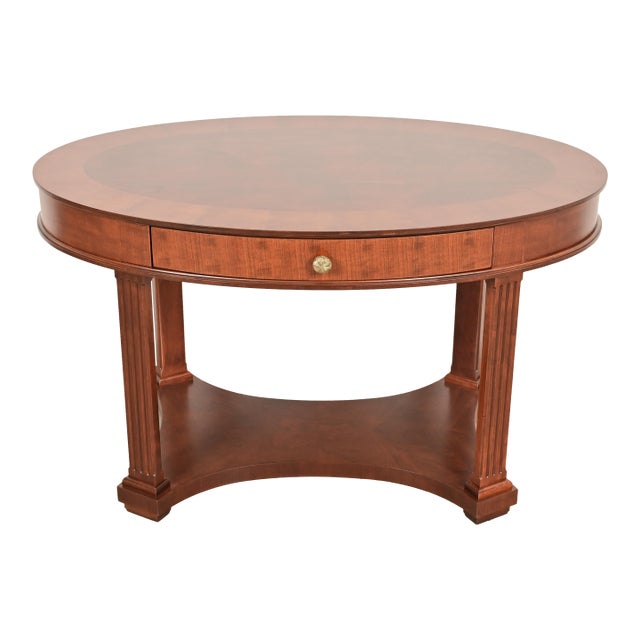 Baker Furniture French Empire Carved Cherry and Burl Wood Library Table or Center Table, Newly Refinished For Sale