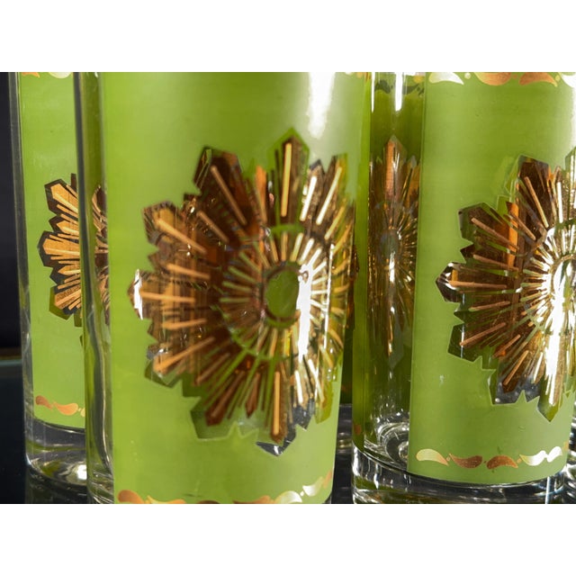 Mid-Century Modern Vintage Mid Century Modern Avocado Green and Gold Starburst Highball Glasses - Set of 6 For Sale - Image 3 of 6