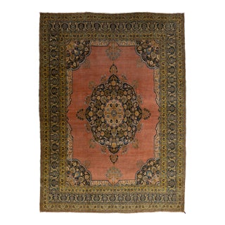 Room Size Antique Tabriz Wool Rug Handmade in Terracotta With a Center Motif For Sale