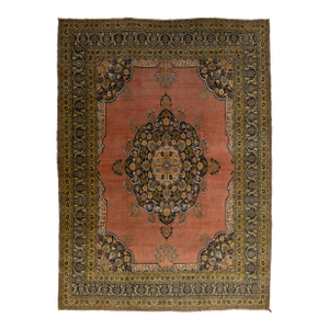 Room Size Antique Tabriz Wool Rug Handmade in Terracotta With a Center Motif