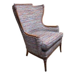 Louis XVI Revival Carved Walnut Fauteuil Armchair With Fluted Legs and Striped Upholstery, 20th Century For Sale