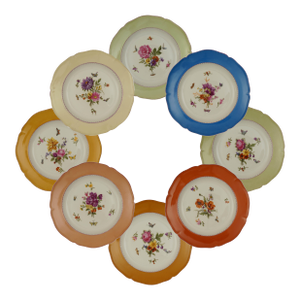 KPM Berlin Botanical Dessert Plate Set With Assorted Color Borders - Set of 8