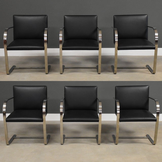 Knoll Mies Van Der Rohe Knoll Black Leather Chrome Brno Dining Chairs - Set of 6 For Sale - Image 4 of 10