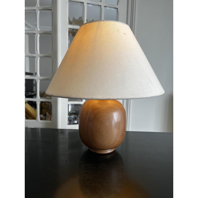Solid wood lamp from the 1960s base height 27cm, diameter 17cm lampshade with stains European Plug (up to 250V).The wiring...