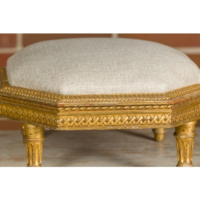 French Neoclassical 19th Century Carved Giltwood Footstool with Linen Upholstery For Sale - Image 12 of 12