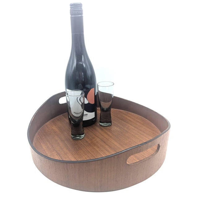 Mid 20th Century Round Pressed Teak Wood Tray With Handles For Sale In Miami - Image 6 of 11