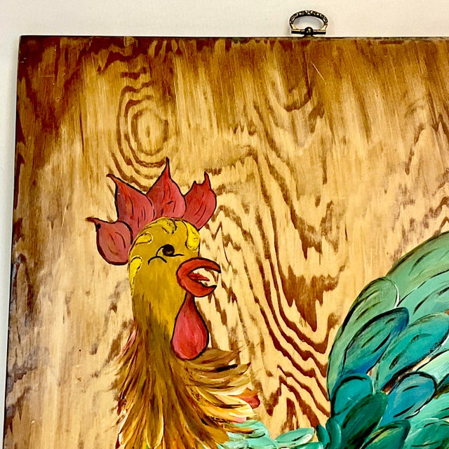 1970s Mid-Century Farmhouse Chic Original Acrylic Painting, Chicken on Pine Wood For Sale - Image 9 of 14